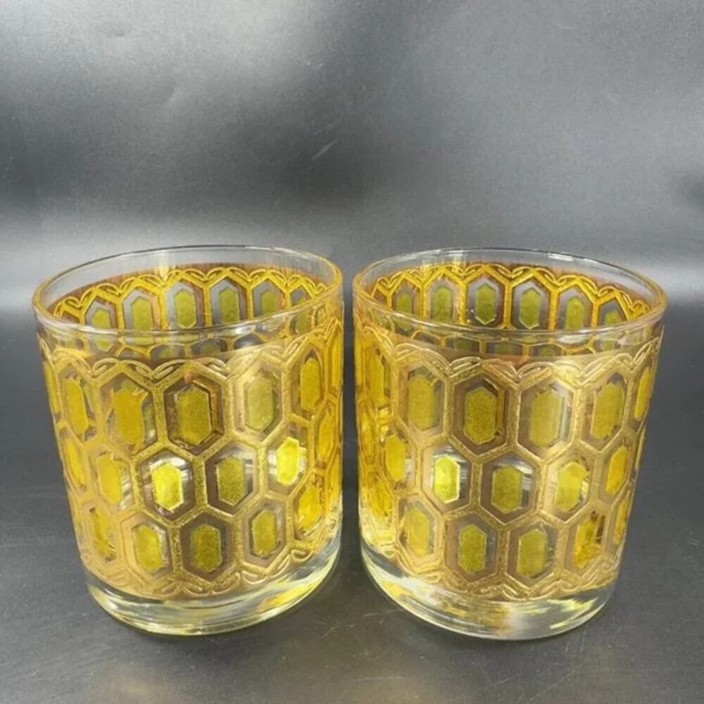 West Virginia Glass Madrid Gold Embossed Hexagon Old Fashioned Glasses Cup Set 2